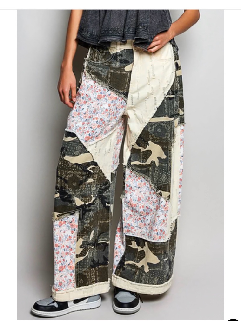 Wide-Leg Patchwork Pants in Olive & Cream - Picture 2 of 11